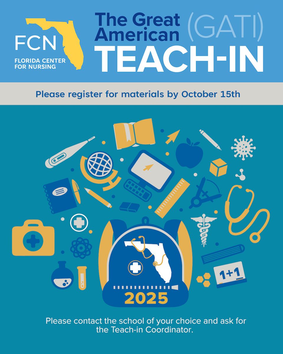 The Great American Teach-In is coming 11/12! Nurses visiting local schools for #GATI or career days can register until October 15 for supporting materials from the Florida Center for Nursing. 

Visit flcntr.org/GATI2025 by 10/15 to sign up.

#nurse #nursing #FloridaNursing