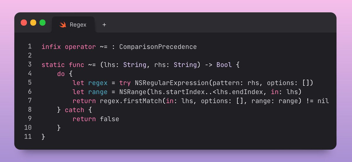 jacobtechtavern's tweet image. Swift Regex is cool and all, but honestly I can't be bothered to learn another bloody DSL, especially one that isn't portable (or, honestly, ChatGPT-able).
I prefer the good old-fashioned NSRegularExpression. This is also the only time I ever use `infix operator` in production!