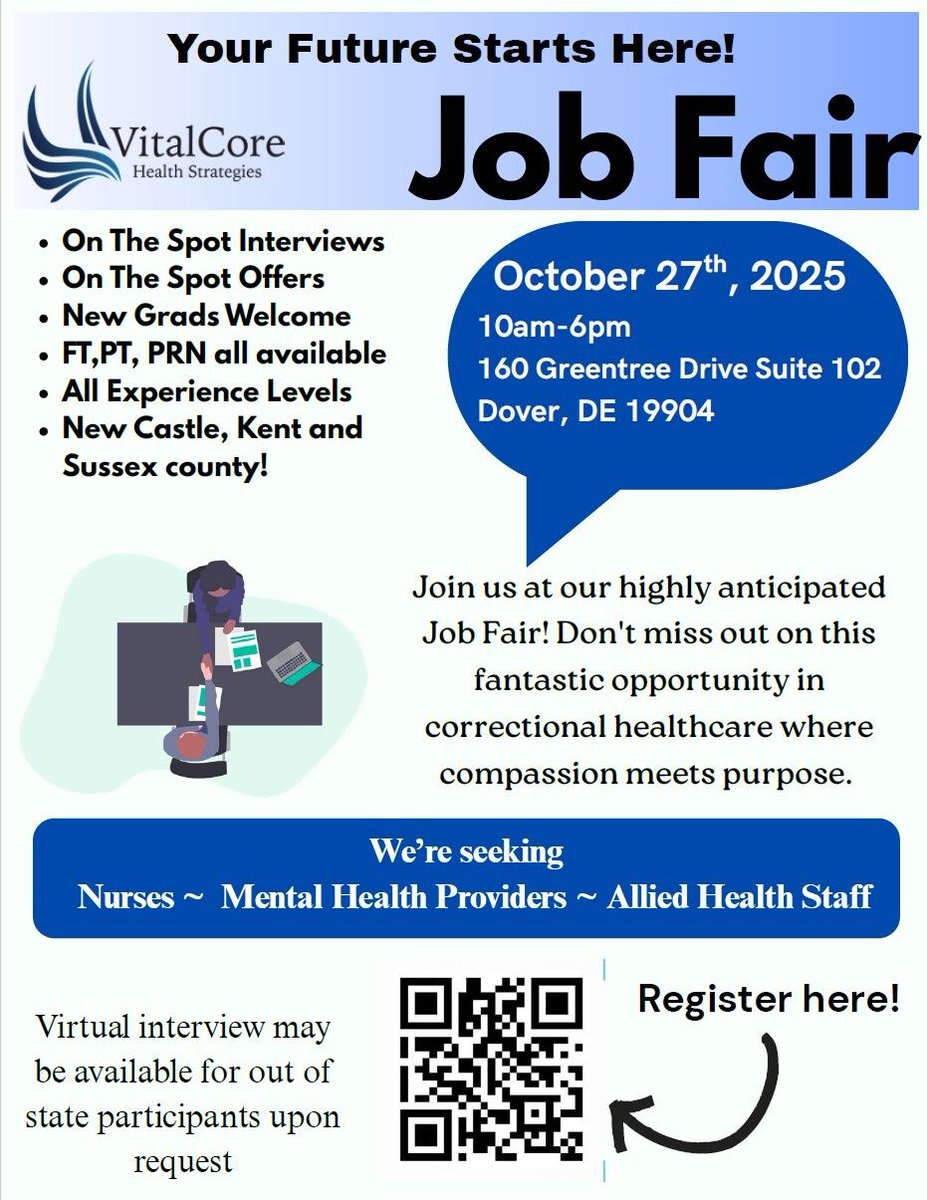 🚨 Healthcare Job Fair – October 27 🚨

Vital Core Health Strategies, the Delaware Department of Correction’s healthcare provider, is hosting a Job Fair on Monday, October 27 from 10 AM – 6 PM. See flyer for details.