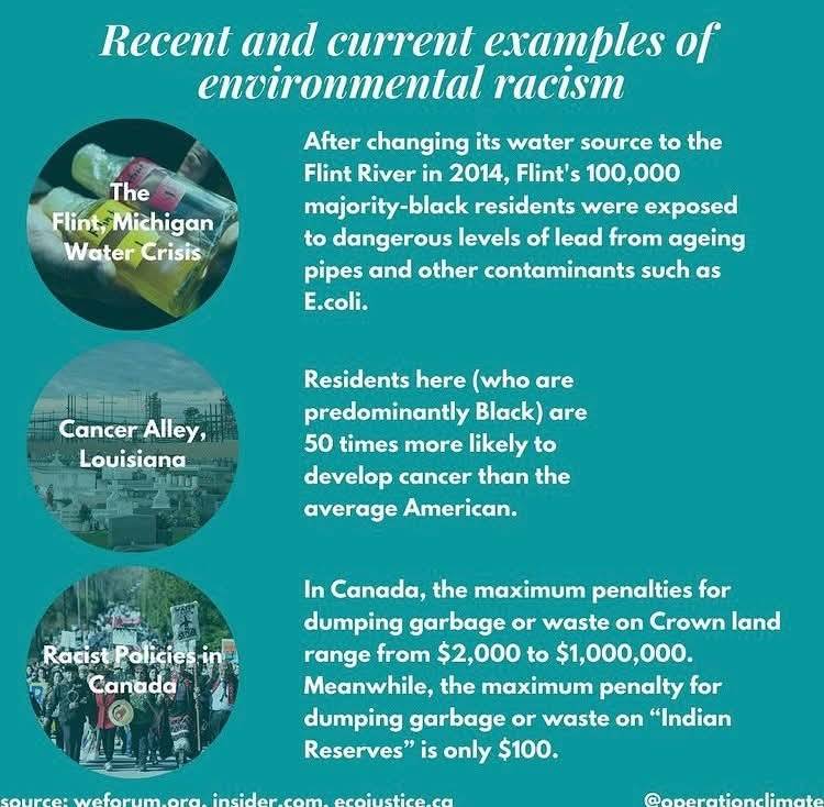 BlkHistStudies's tweet photo. Recent and current examples of environmental racism #environmentalracism #blackstudies #flint #michigan #cancerally #louisiana #westcrown #canada #wastedumping #garbage https://t.co/TMYIHes7ck