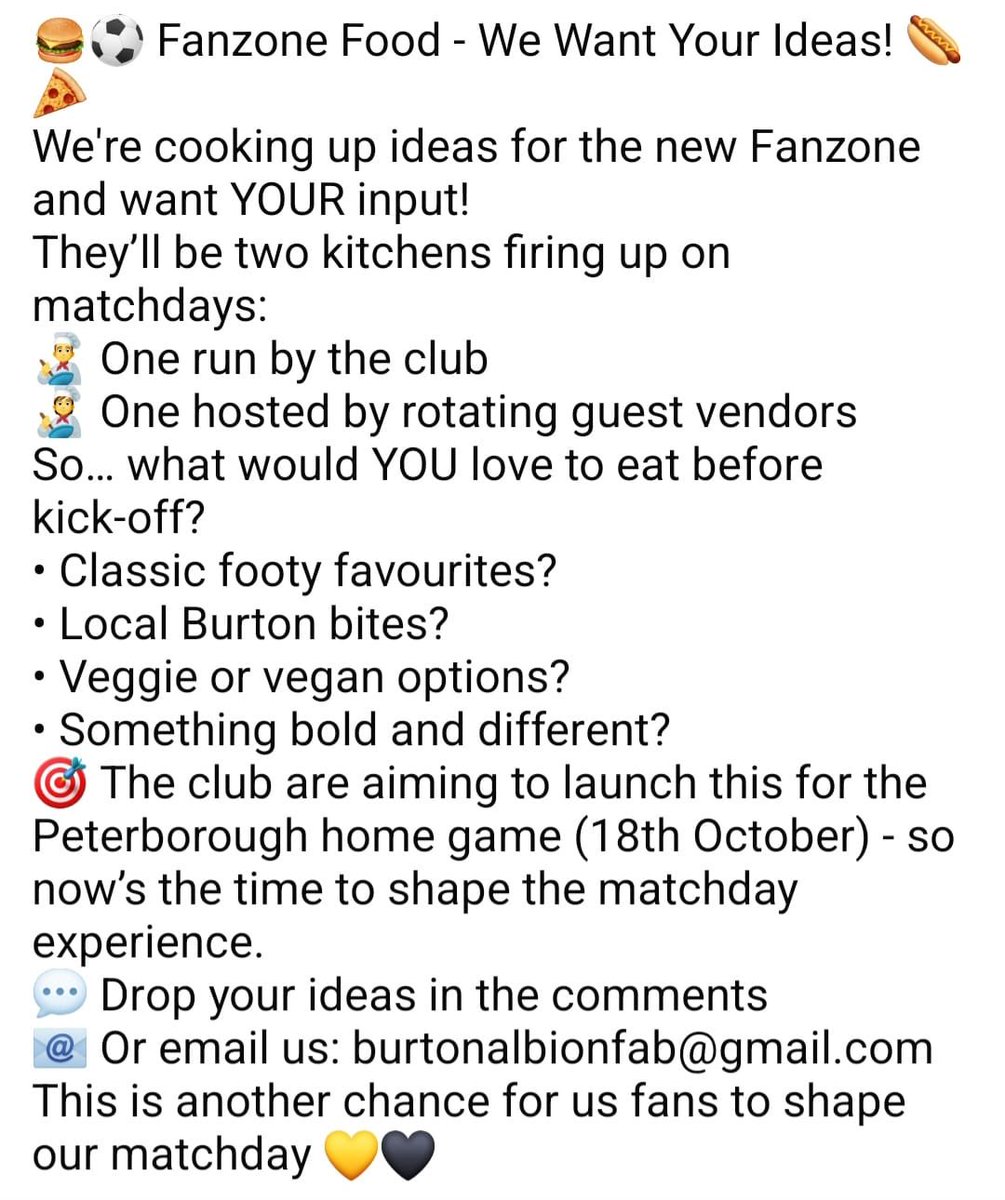 BurtonAlbionFAB's tweet image. 🍔⚽ We want YOUR food recommendations for the new @burtonalbionfc Fanzone! 🌭🍕
#BAFC #Brewers #Fanzone