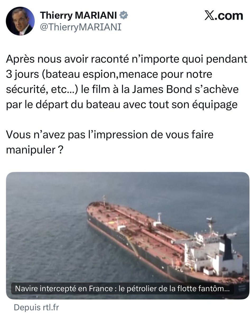 Quand le RN prend les Français pour des imbéciles ! ⤵️

- D’un côté une députée RN, porte-parole du groupe, parle de la terrible « menace russe » et félicite Macron d’avoir arraisonné un bateau (pour rien…)

- Au même moment un eurodéputé RN dit exactement…l’inverse sur le même