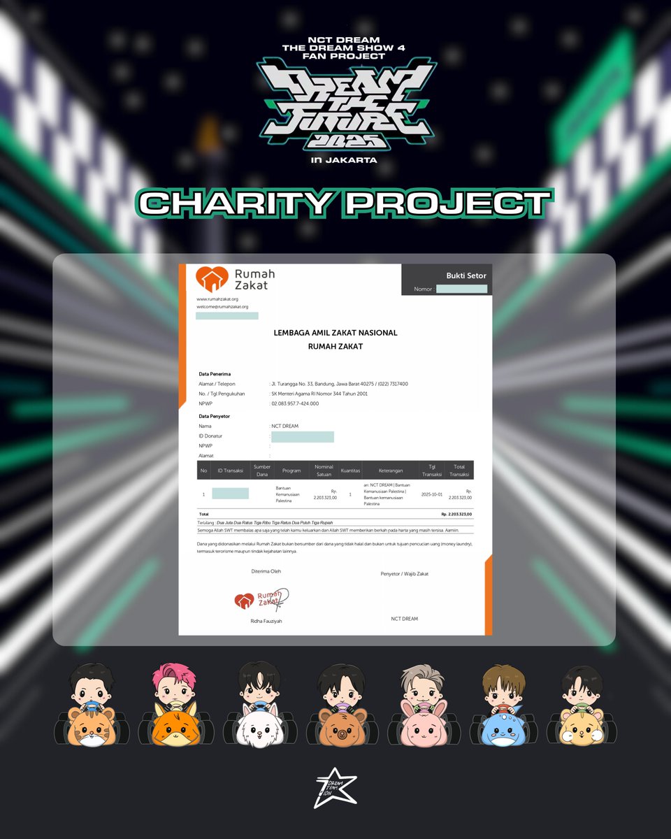 Fan Project &lt;THE DREAM SHOW 4 : DREAM THE FUTURE&gt; in JAKARTA

📁 Charity Project

Sebagai bentuk kepedulian terhadap Palestina, saldo akhir (sisa dana) donasi dari project &lt;THE DREAM SHOW 4 : DREAM THE FUTURE&gt; in JAKARTA telah kami salurkan melalui Rumah Zakat, atas nama NCT