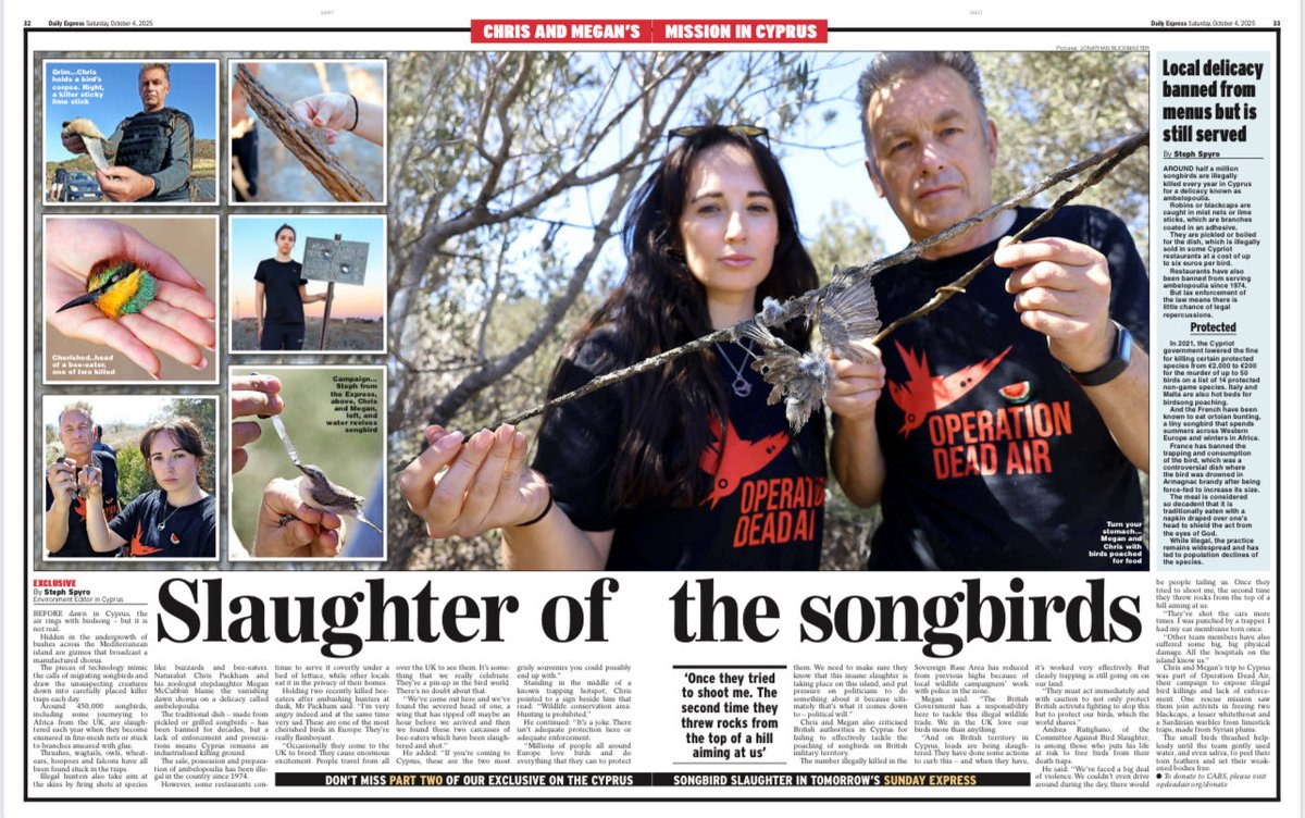 Massive thanks to <a href="/StephSpyro/">Steph Spyro</a> and <a href="/Daily_Express/">Daily Express</a> for braving the Cypriot bird slaughter . Read here express.co.uk/news/world/211… You can donate to <a href="/CABS_REPORTS/">Committee Against Bird Slaughter (CABS)</a> here donorbox.org/help-stop-ille… <a href="/MeganMcCubbin/">Megan McCubbin</a>
