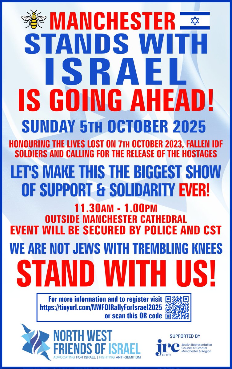 ON SUNDAY OCTOBER 5th WE ALL STAND TOGETHER IN MANCHESTER 

FOR ISRAEL, OUR HOSTAGES &amp; OUR MANCHESTER JEWISH COMMUNITY 

Rally only at 11.30am outside Manchester Cathedral alongside the River Irwell 

Please note that there are NO trams from Bury to Crumpsell.

<a href="/JewishMCR/">Jewish Representative Council of GM & Region</a>