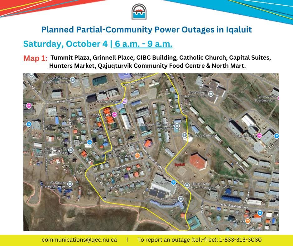 📢 REMINDER: Planned partial-community outage in Iqaluit from 6am - 9am. Required to safely install power poles at two new buildings. Impacted areas: Tummit Plaza, Grinnell Place, CIBC Building, Catholic Church, Capital Suites, Hunters Market, Food Centre &amp; North Mart.