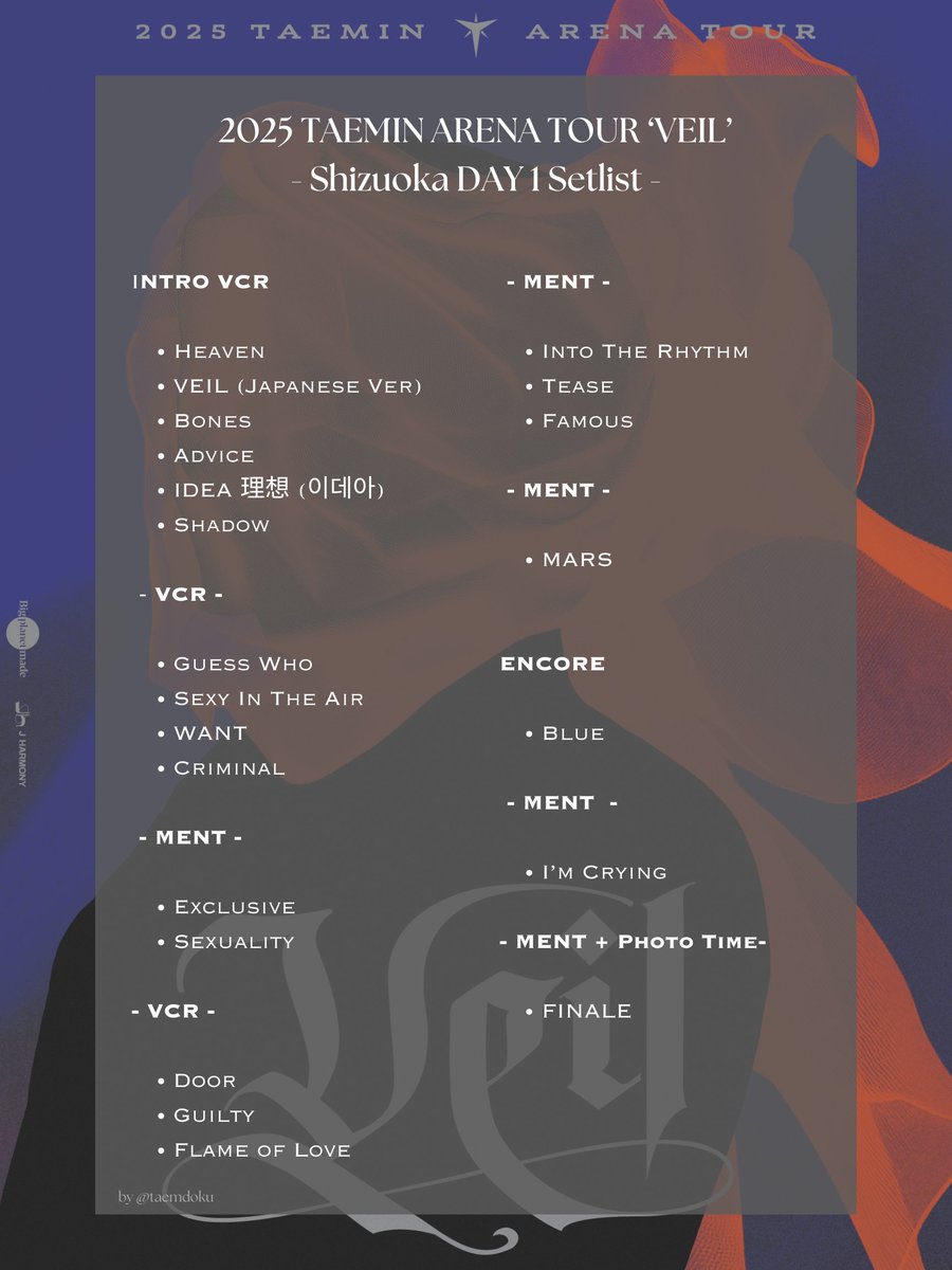 251004 TAEMIN ARENA TOUR ‘VEIL’ 
- Shizuoka DAY 1 Setlist - 

⚠️ Spoiler  
#태민 #テミン #TAEMIN