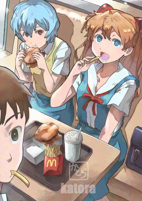#エヴァ30周年 本日はエヴァ30周年なので放課後マックを食べるチルドレン達を再掲w それ迄もその後も面白かったけど、(「好き」の種類が変わる感じ?)アスカが来日してから皆でラーメン食いに行く迄の期間は見てて幸せだったw