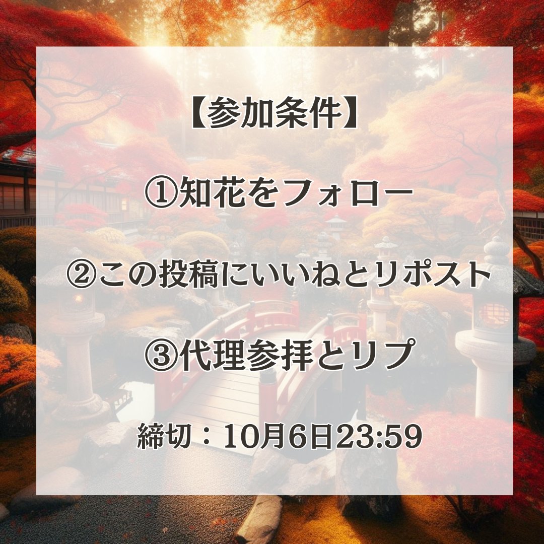 【代理参拝します】

日時：10月 8 or 9日　時間未定
場所：三峯神社

パワースポットとしても有名な三峯神社に参拝させていただきます。

タイミングが合えば、秩父神社と以前も参拝した聖神社にもお参りできるかも・・・？

画像の参加方法をご確認の上、しっかりお願い事を考えてくださいね💐