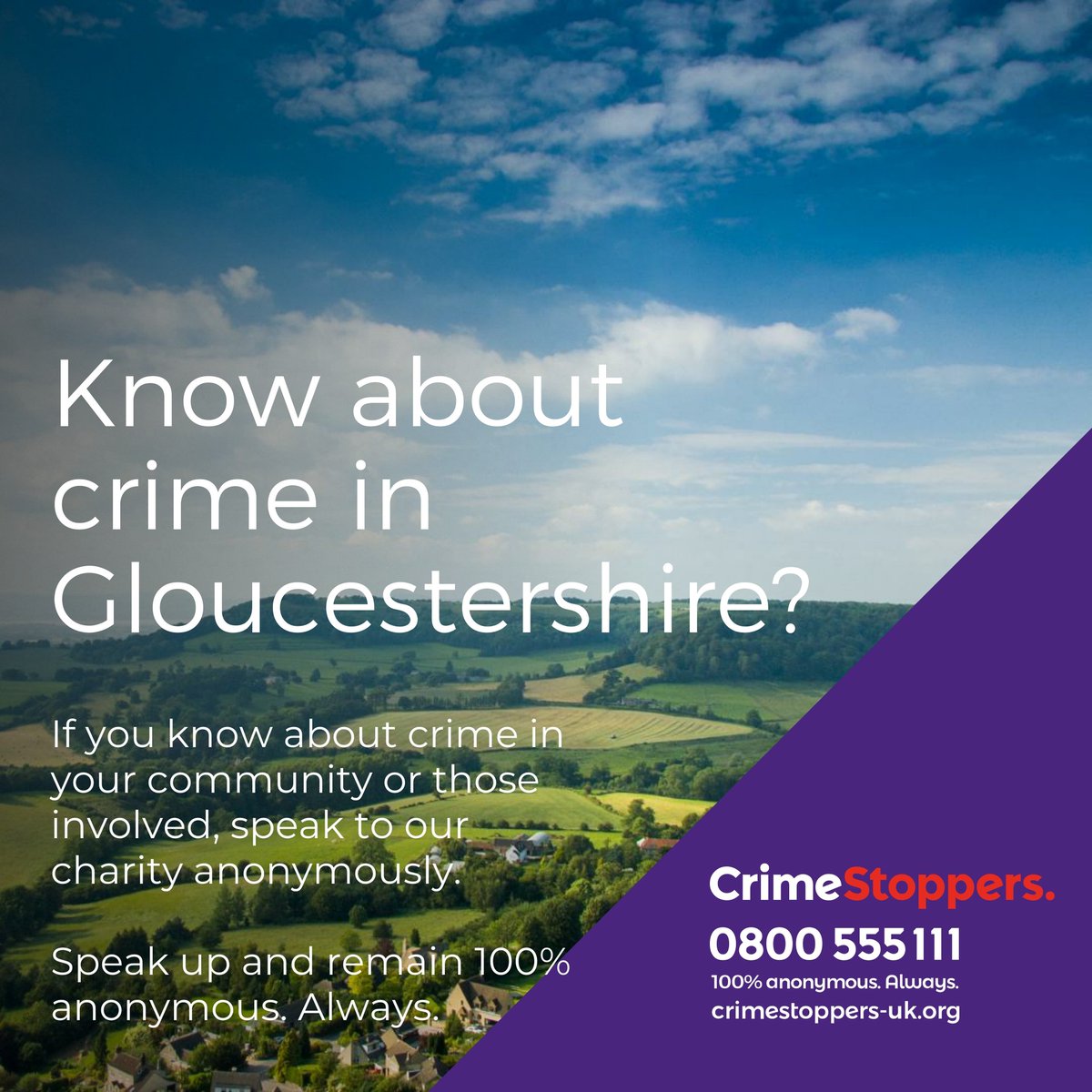 CS_Glos's tweet image. Your voice can really make a difference - your anonymous information can help keep the streets of #Gloucestershire safe.

Talk to our independent charity and tell us what you know - 100% anonymous. Always.

☎️ 0800 555 111
💻 crimestoppers-uk.org

#Crimestoppers