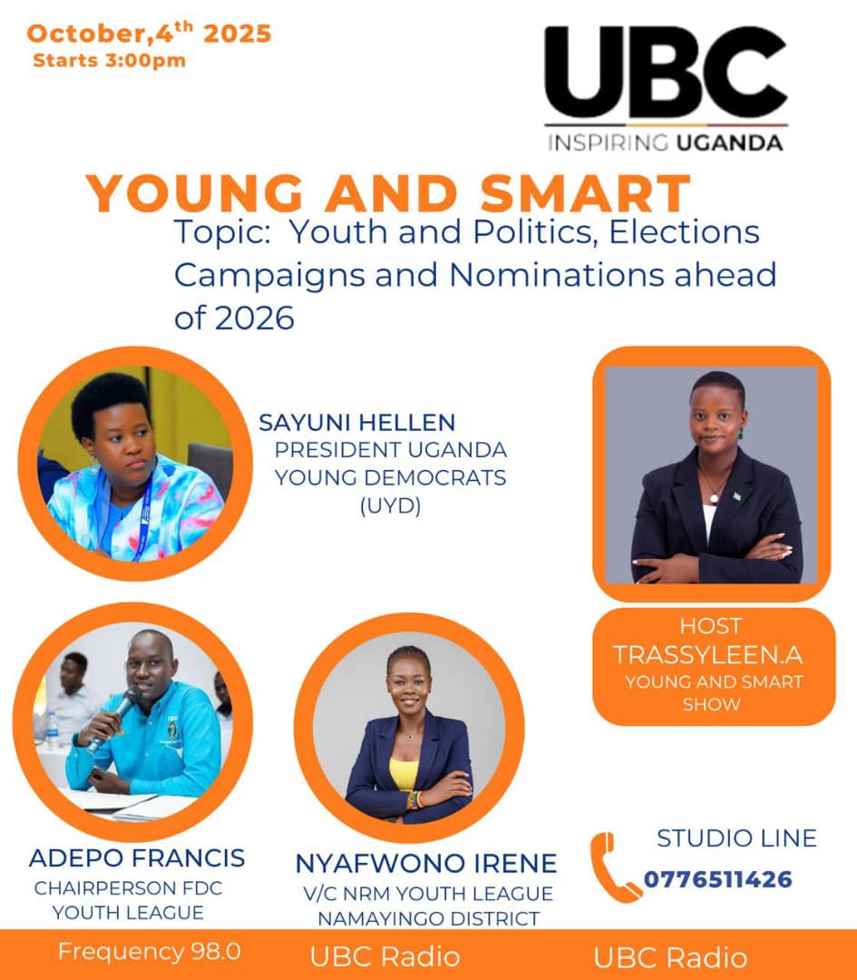 annet_atuh20310's tweet image. Dear Young Democrats and a citizen of Uganda join Our UYD President Sayuni Hellen&apos;s discussion about Youth &amp;amp; Politics, Elections and Campaigns &amp;amp; Nominations a head of  2026 Politics, today  at 3:00PM on UBC Radio 98.0FM 👌👌

#UYD #DP #YOUTHINPOLITICS