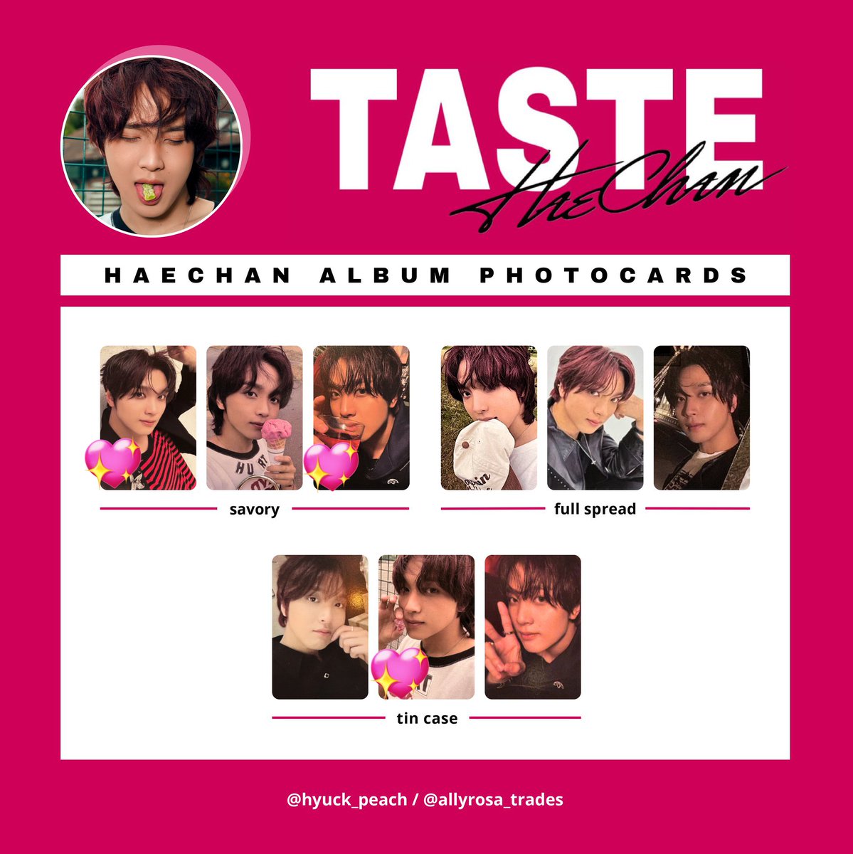 ヘチャン HAECHAN ソロ TASTE トレカ 特典 交換

譲: 画像のもの
求:２枚目💖のもの

郵送希望です📮
ご検討のほどよろしくお願いいたします🙇‍♂️
他のトレカ(※TASTE特典など)でも検討させて頂く場合があるのでリプでもdmでもお気軽にお声がけくださいꕤ︎︎·͜·