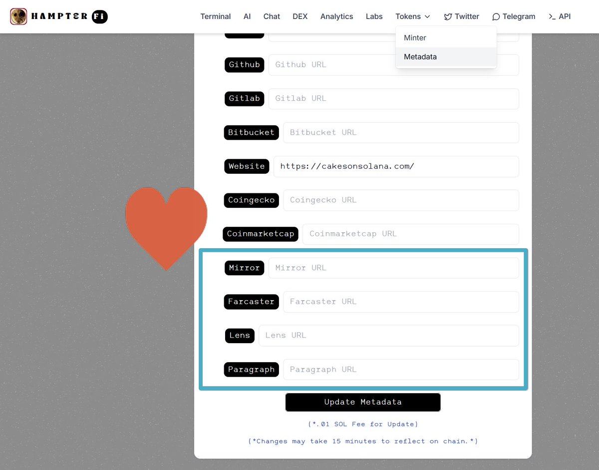 The legends at <a href="/hampterfi/">Hampter</a> have just added support in their metadata updater for some favourite #web3 social media.
<a href="/farcaster_xyz/">Farcaster</a> , <a href="/viamirror/">Mirror</a> , <a href="/LC/">Lens</a>  and <a href="/paragraph_xyz/">Paragraph</a> 

Check it out at hampterfi.com/meta and remember: If it's not on chain, did it really happen?
