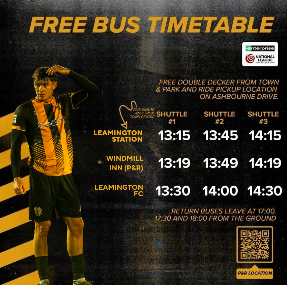 LeamingtonFC's tweet photo. Today’s timetable… 🗓️🚍

#LEAHER #BackingTheBrakes #BrakesTogether https://t.co/786pQPS6Jr