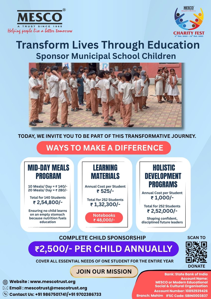 _mesco_trust's tweet photo. 🌍 A brighter tomorrow starts with education!
Sponsor a municipal school child with MESCO for just ₹2,500/- annually & cover meals, books & development programs. 💙📚
#MESCO #CharityFest #EducationForAll #mescotrust https://t.co/Cfwi1WWaCF