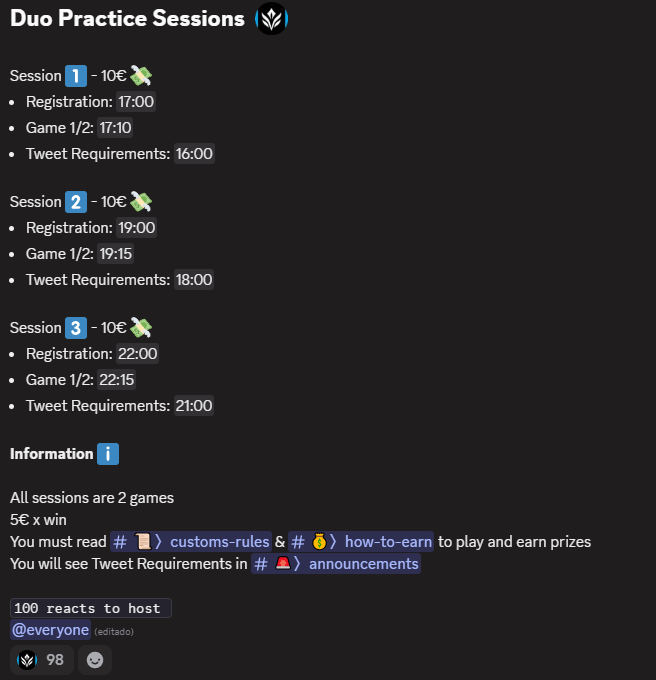 VelorPractice's tweet photo. 📢 Today's sessions are already announced.

💸 Win 10€ in every session!

ℹ️ All the info is right here in this channel!
https://t.co/vB7F2nyxvq https://t.co/fkKU0mHK6p