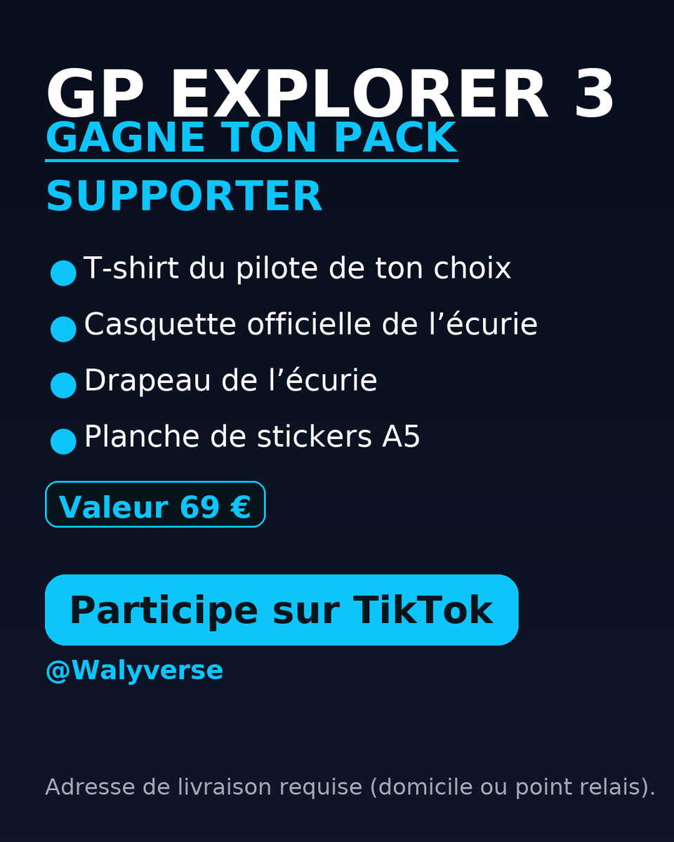 Walyverse's tweet photo. 🏁 GP 3 — Gagne ton Pack Supporter
T-shirt du pilote, casquette, drapeau et stickers de l’écurie de ton choix.

Pour participer :
- Va sur notre TikTok @Walyverse
- Abonne-toi
- Like la vidéo et commente ton pseudo
- Bonus : reposte la vidéo

TIKTOK : https://t.co/batCpR5iJB https://t.co/lry0u7I6DN