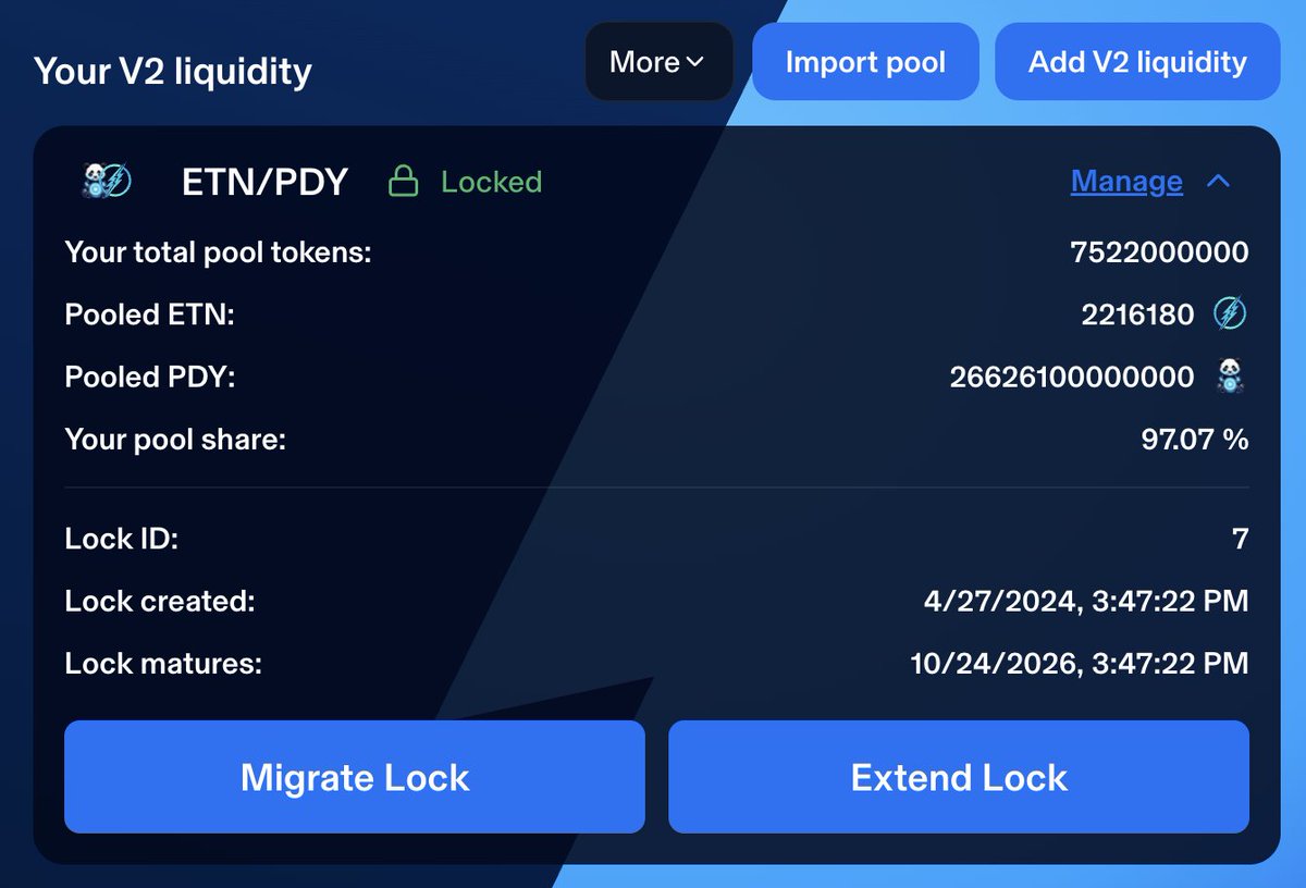 pandy_token's tweet image. We are proud to announce that we have extended the liquidity lock for $PDY (PDY/ETN) for another year. 🐼✨

Transaction Details: blockexplorer.electroneum.com/tx/0x6ea3853e8…

This is more than just a technical move, it is a reflection of our unwavering commitment to #Pandy, one of the pioneer meme…