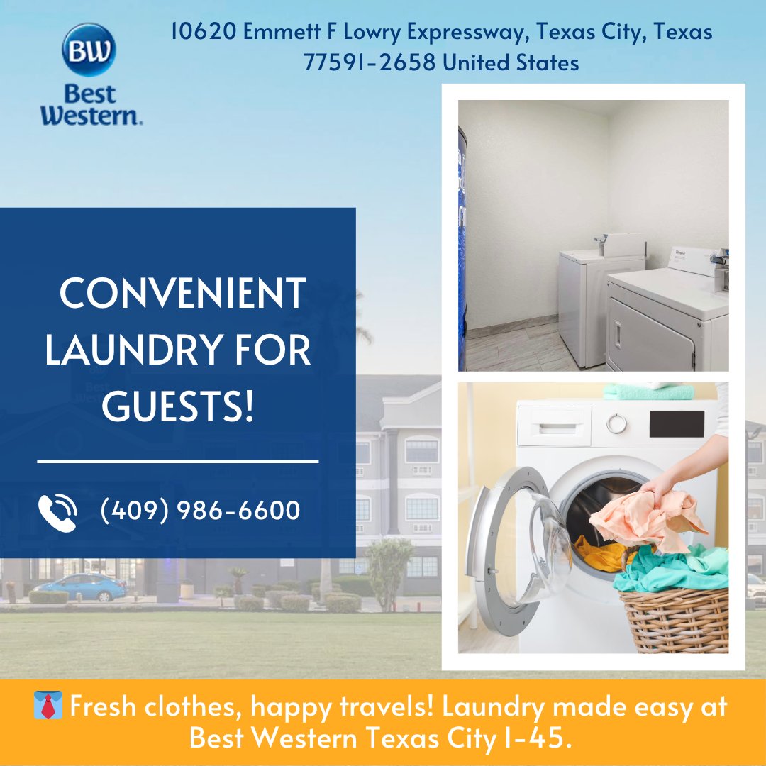 bwtexascity's tweet photo. ✨ Travel convenience made easy — enjoy our on-site guest laundry anytime!
#GuestLaundry #BestWesternTexasCity #TexasCityHotels #HotelStay #TravelComfort https://t.co/MEWOV2byiT