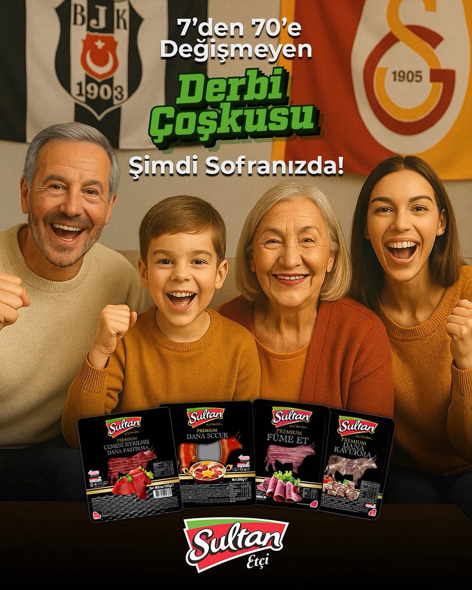 sultanetcom's tweet image. 🏆 7’den 70’e Değişmeyen Derbi Coşkusu!
Heyecan dolu maç akşamlarının en lezzetli eşlikçisi Sultan Etçi şimdi sofralarda!
Favori takımınız kim olursa olsun, herkesin ortak noktası Sultan lezzeti.
Pastırma, sucuk, füme et ve kavurma çeşitleriyle derbi keyfini katlayın! ⚽🔥