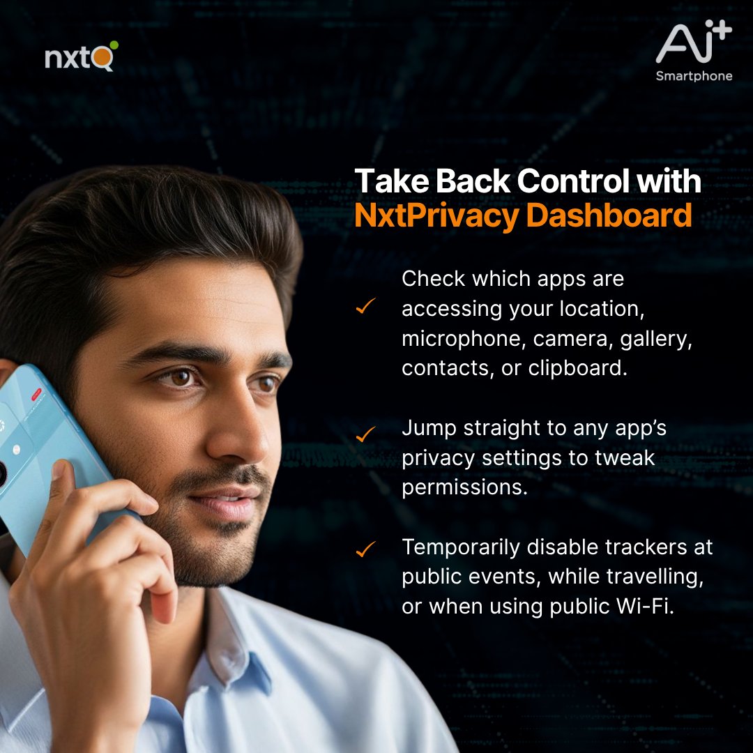 NxtQuantumOS's tweet image. Why let someone else hold the keys to your digital life? With NxtPrivacy Dashboard, privacy isn’t just a promise, it’s the new normal.

[NxtQuantum OS, Ai+ Smartphone, Add a Plus, NxtPrivacy Dashboard]