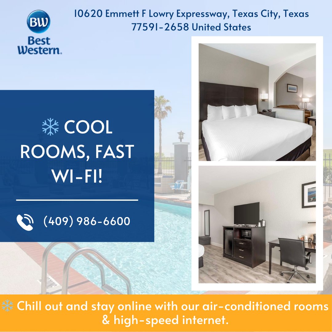 bwtexascity's tweet photo. ✨ Comfort meets connectivity — air-conditioning and fast Wi-Fi at Best Western Texas City I-45! Call now: (409) 986-6600
#BestWesternTexasCity #HotelComfort #HighSpeedInternet #AirConditioning #TexasCityHotels https://t.co/FEIO26uCvU