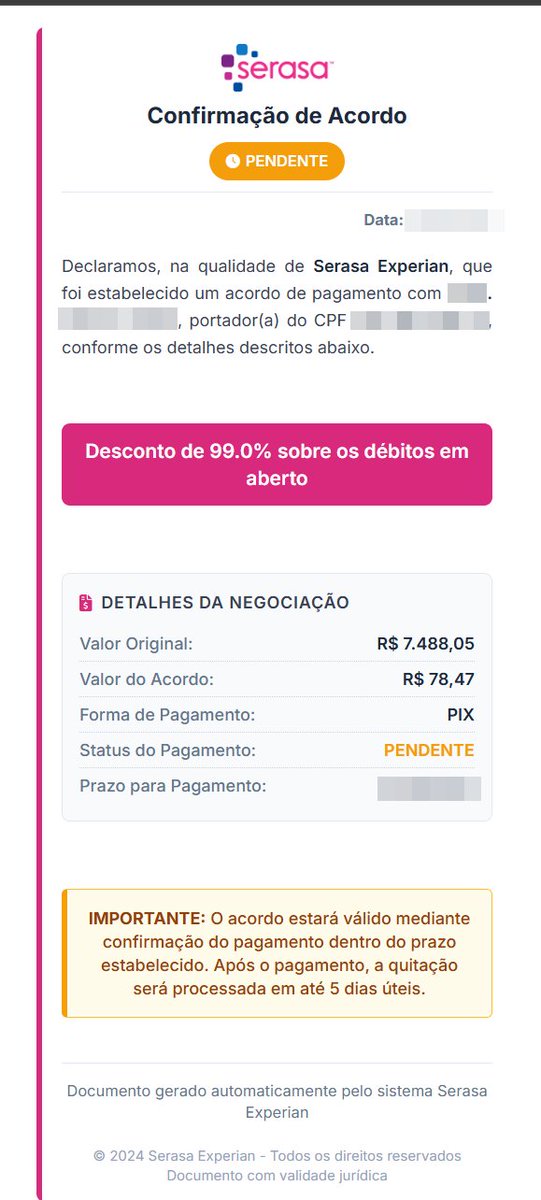 SwitchToThread's tweet image. 🇧🇷Scammers are impersonating Serasa and asking victims to make a PIX payment to “clear their name.”
▶️Destination
{
"type": "dynamic",
"merchantCategoryCode": "0000",
"transactionCurrency": 986,
"countryCode": "BR",
"merchantName": "AGILE LTDA",
"merchantCity":…