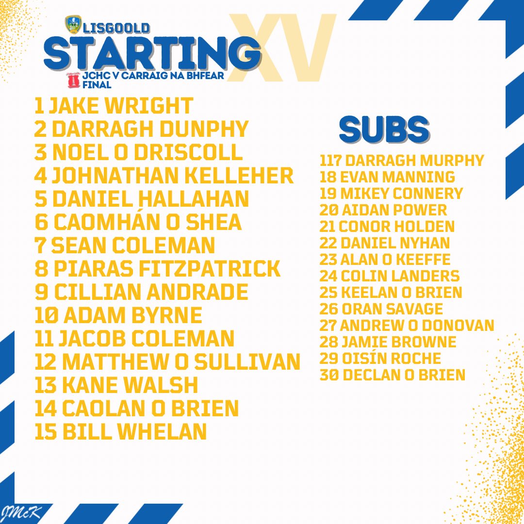 Lisgoold and Carraig na bhFear teams for today’s East Cork Junior C Hurling Championship final in Aghavine at 4pm. €8 cash entry.