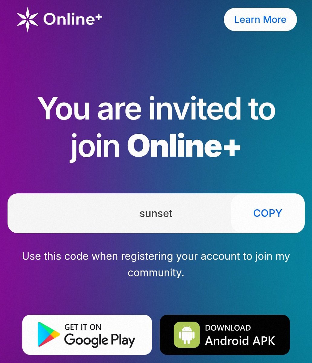 ☀️ Hi Sunset Network Community 

✅ Online+ is officially LIVE!  Join now using my referral code and receive 20 $ION coin everyone  who used my invite code.

Join Now 👇🏻
online.io/@sunset

Invite Code : sunset
Referral code : sunset

How to participate:
✅ Join now using my