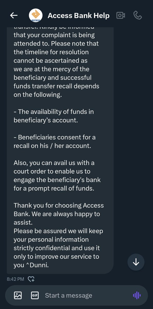 ShubHolmes's tweet photo. The recipient didn't receive the money. I lodged a complaint to @myaccessbank, and I was referred to @gtbank . Gtbank referred me back to Access. This is the response from Access Bank. https://t.co/2UpvtBWWQq