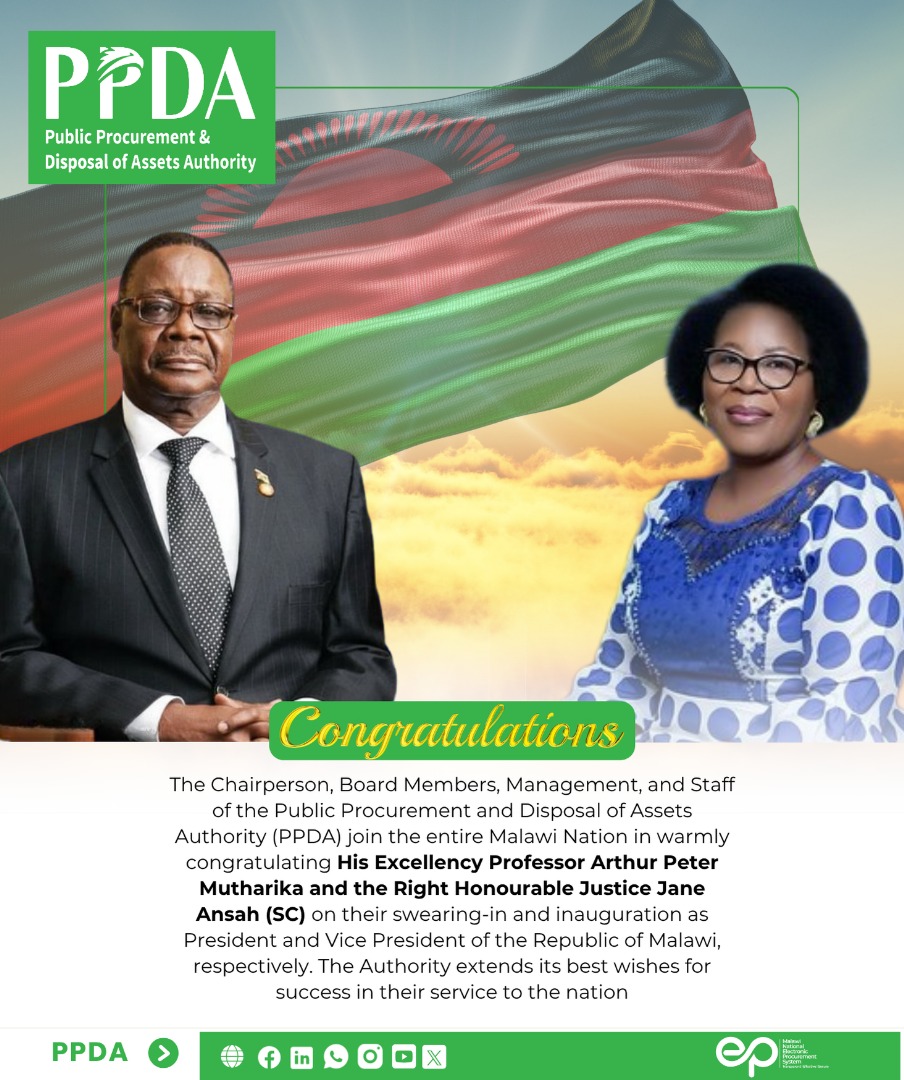 MwPpda's tweet image. PPDA congratulates H.E. Prof. Arthur Peter Mutharika and Rt. Hon. Justice Jane Ansah (SC) on their swearing-in and inauguration as President and Vice President of the Republic of Malawi. The Authority wishes them wisdom and success in serving the nation.