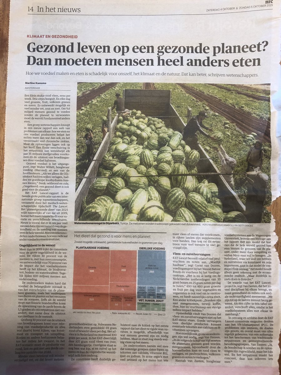 10 miljard mensen gezond voeden zonder planeet destructie: 1 stukje rood vlees per week en elke dag veel groenten/fruit volkoren granen. Aldus gezaghebbende EAT Lancet wetenschappers. Doe je mee?