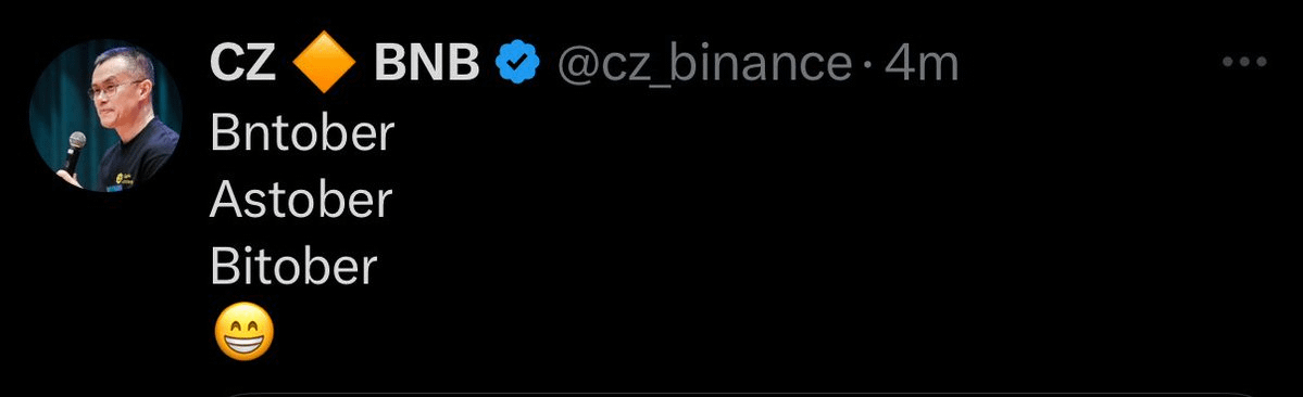 DeFiTracer's tweet photo. 💥 BREAKING:

BINANCE FOUNDER CZ JUST CONFIRMED $BNB SEASON

MILLIONS WILL BE PRINTED! 🚀 https://t.co/TCKUHJciuQ