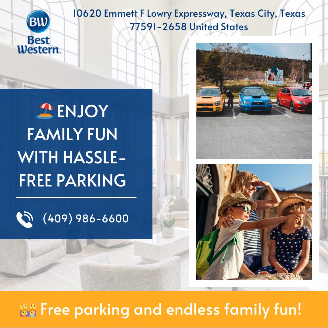 bwtexascity's tweet photo. 🏨 Stay, park, and enjoy family fun! Call: (409) 986-6600
#BestWesternTexasCity #FamilyFun #TexasCityHotels #FreeParking #HotelStay https://t.co/0it3gjhCBr
