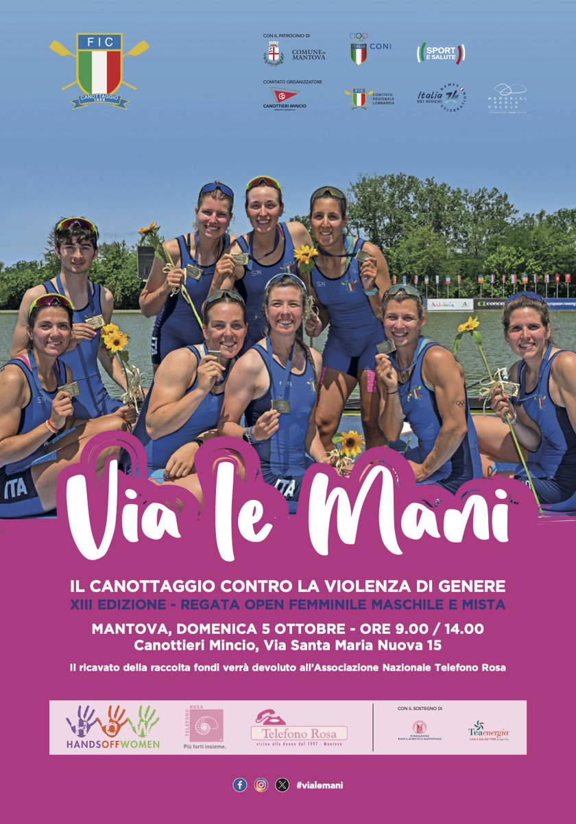📌 Roma 
REGATA VIA LE MANI

🛶 Ci vediamo domani con #HandsOffWomen - HOW al #CircoloCanottieriRoma per la #regata solidale di #canottaggio #Vialemani contro la violenza sulle donne e per sostenere l’Associazione #TelefonoRosa ☎️ 🆘 👩🏼

La competizione si svolgerà in