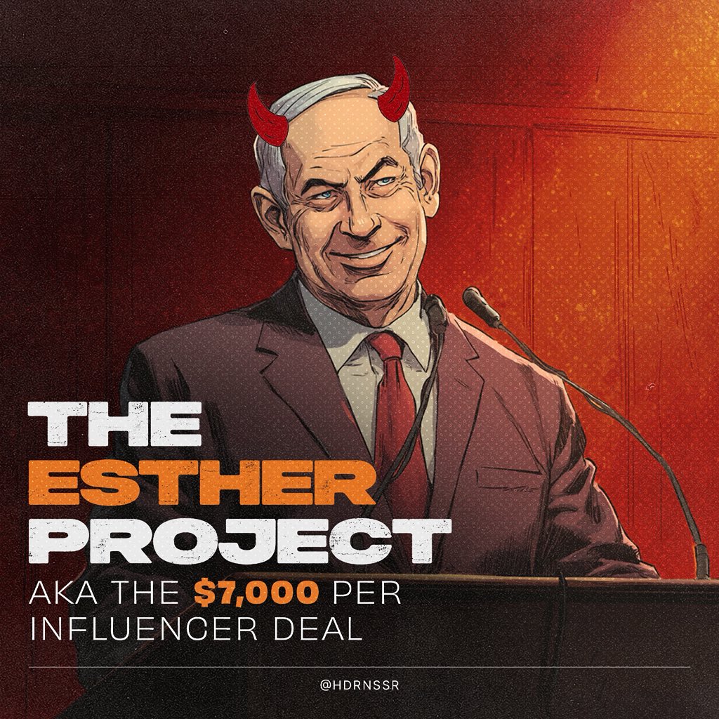 Hadidi (@hdrnssr) on Twitter photo The INFLUENCERS Deal, aka the Esther Project:
Netanyahu literally asked: “How do we fight them? With influencers,” which is exactly what he’s doing to wash Israel’s image in the US.
Israel is spending $900,000 via Bridges Partners LLC to pay 14–18 US influencers $6,000–$7,000 The INFLUENCERS Deal, aka the Esther Project:
Netanyahu literally asked: “How do we fight them? With influencers,” which is exactly what he’s doing to wash Israel’s image in the US.
Israel is spending $900,000 via Bridges Partners LLC to pay 14–18 US influencers $6,000–$7,000