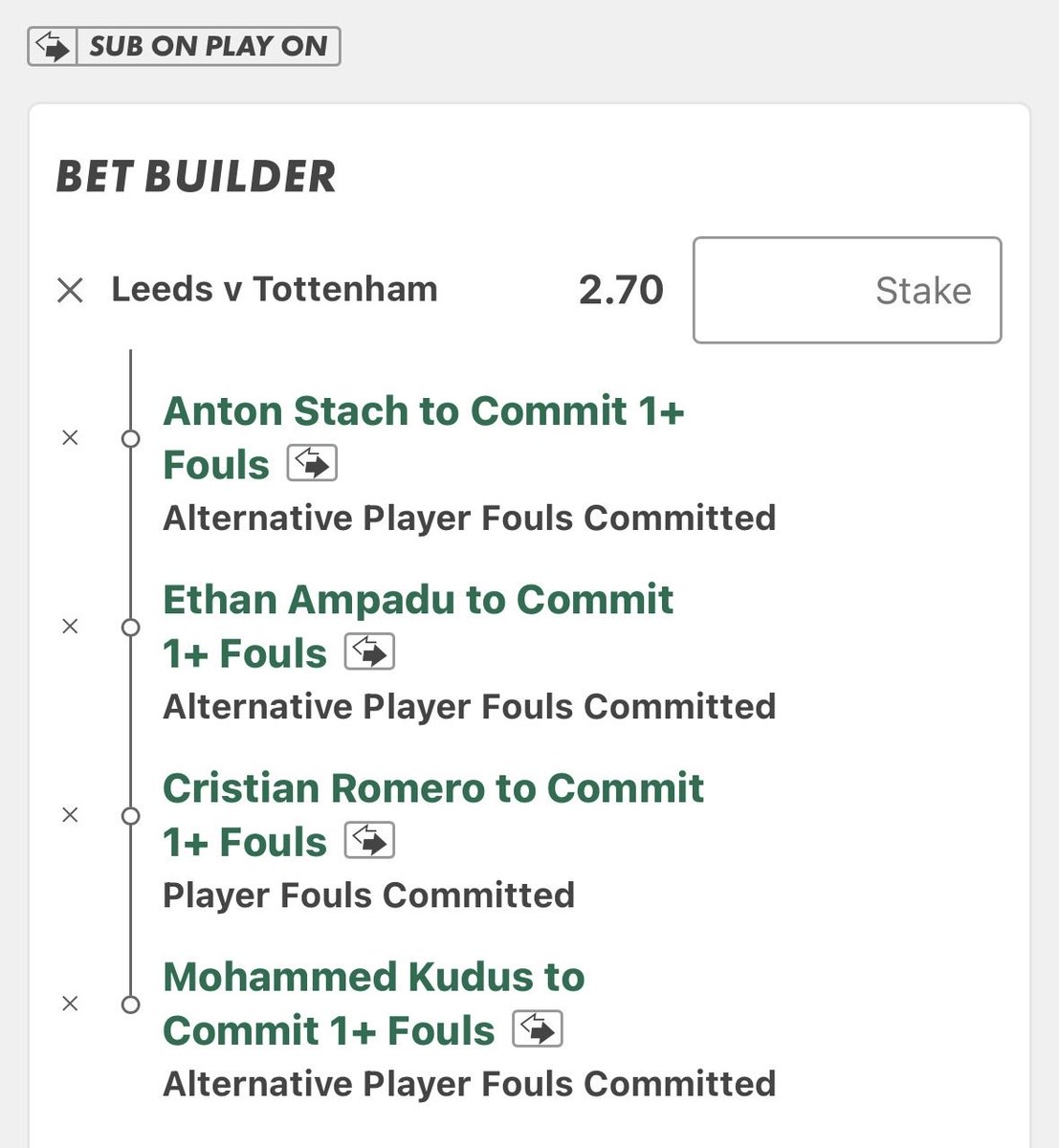 MCTIPSTERS's tweet image. LEEDS VS TOTTENHAM BET BUILDERS⚽️🟨🟥

Good luck!🔞

#LEETOT
#PremierLeague
#GamblingX