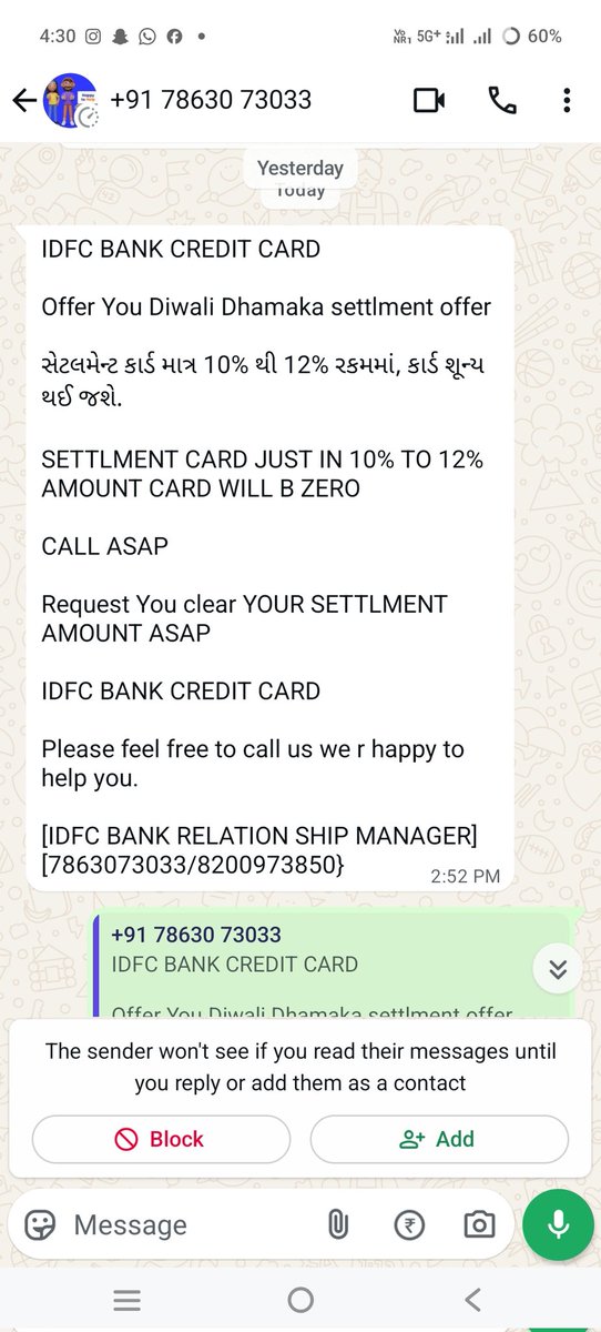 IDFC card 4194..
jiska settlement April 2024 me khatam ho chuka hai
Fir bhi mujhe 6 mahine se pareshan kiya ja raha hai
Msg,call kar ke
Aaj bola ki card re-open huaa hai
Kya hai ye ?
cyber ki side se bhi card close nahi ho raha
<a href="/IDFCFIRSTBank/">IDFC FIRST Bank</a>
<a href="/nsitharaman/">Nirmala Sitharaman</a>
<a href="/RBI/">ReserveBankOfIndia</a>
<a href="/cyberabadpolice/">Cyberabad Police</a>