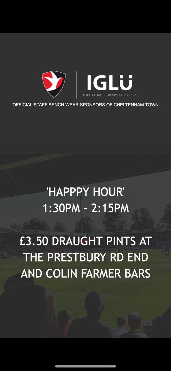 All set for ‘happy hour’ 1.30pm -2.15pm. Just £3.50 a pint ! See you all soon. <a href="/Robins_Report/">The Robins Report CTFC</a> <a href="/CTFC_SLO/">Cheltenham Town SLO</a> <a href="/1887RedArmy/">1887 ʀᴇᴅ ᴀʀᴍʏ</a> <a href="/robin/">Robin heart</a>