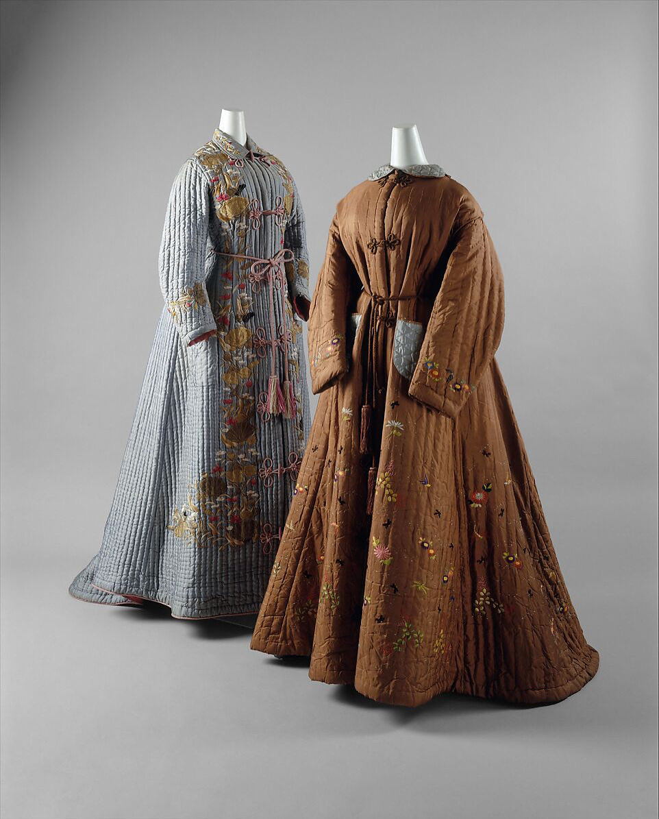 kateStrasdin's tweet photo. Storm Amy is rolling in here today so I propose hot cups of tea all round, a good book and feet up whilst wearing a quilted dressing gown. These were made in Japan in huge numbers for the Western market, quilted and embroidered in a range of floral motifs. Both 1880s @metmuseum https://t.co/t5sd6Xb6ac