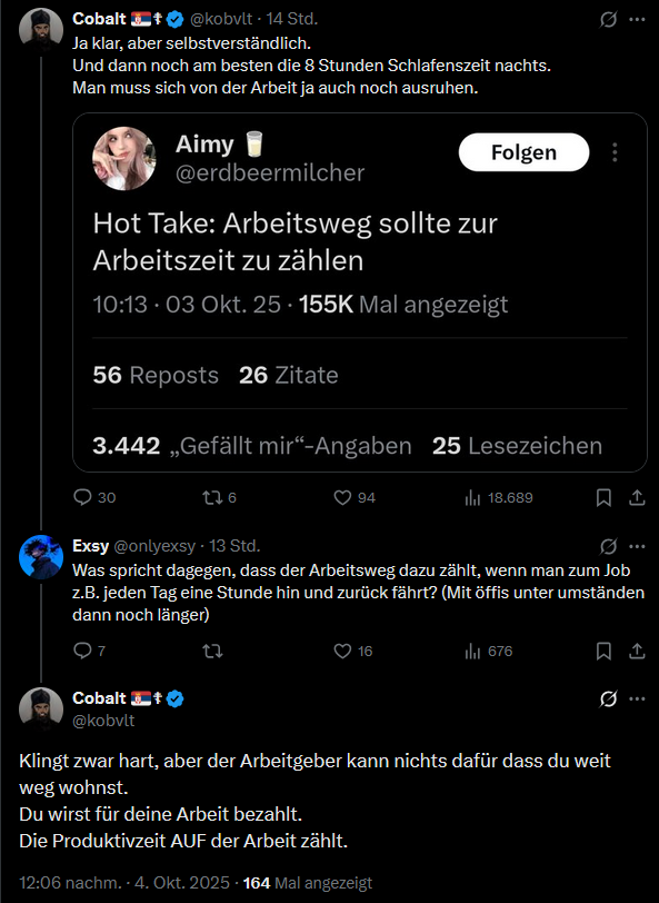 ich lach mich rr tot alle großen konzerne zwingen ihre mitarbeiter trotz steigender produktivität ihre mitarbeiter wieder vom home office ins büro damit man sie wieder kontrollieren kann aber einige esel hier sehen trotzdem die schuld bei arbeitnehmern

rr gute esel

weiter so