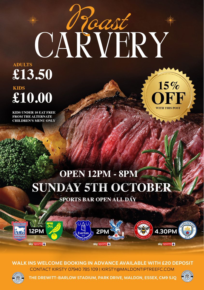 🥩 Sunday Roast Carvery! 🍷
📍 The Drewitt-Barlow Stadium
🕛 Sun 5 Oct | 12–8PM

Adults £13.50 | Kids £10 (U10s eat FREE alt menu)
⚽ Live Prem action all day
🍺 Sports Bar open
📲 Book: Kirsty 07940 785 109

🍓 15% OFF with this post!