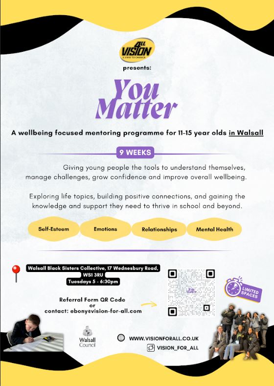 💛🖤 Calling all 11-15 year olds in #Walsall! 💛🖤
🌟'You Matter' is a space where you can be heard, feel seen, and share your thoughts on the things that matter most. Your voice matters, and we’re here to listen. 💬✨
With Vision For All in partnership with Walsall Council