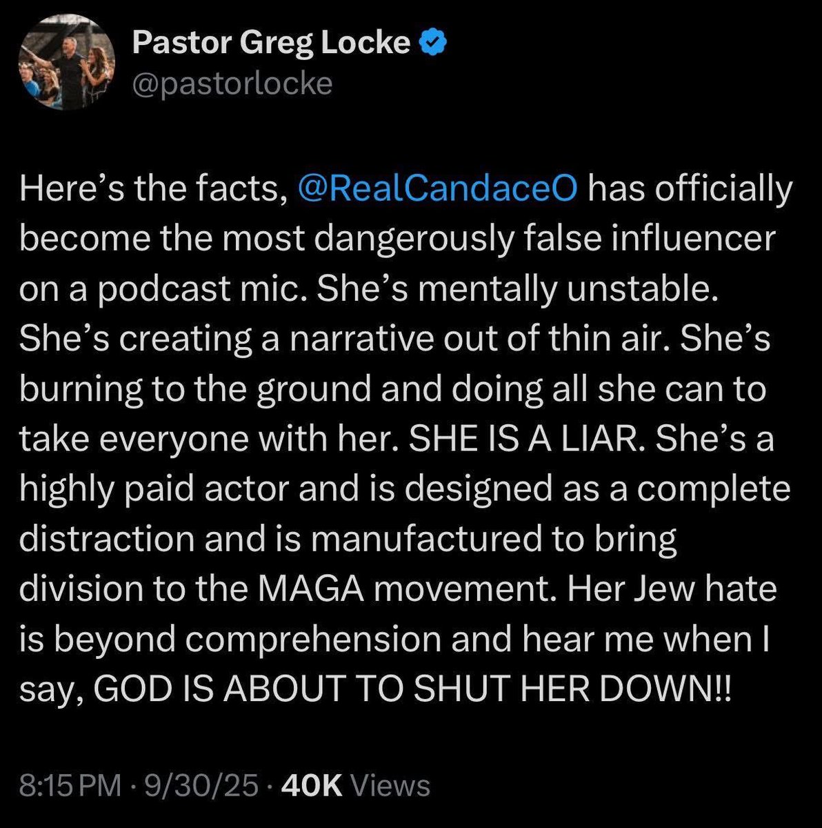 Wow.  Locke is unhinged - he also called Candice demonic and sure looks like he is threatening her life!  Shouldn’t pastors PRAY for people who they feel need prayer?  I don’t think Candice would want his evil prayers. WOW.   Someone get him help.