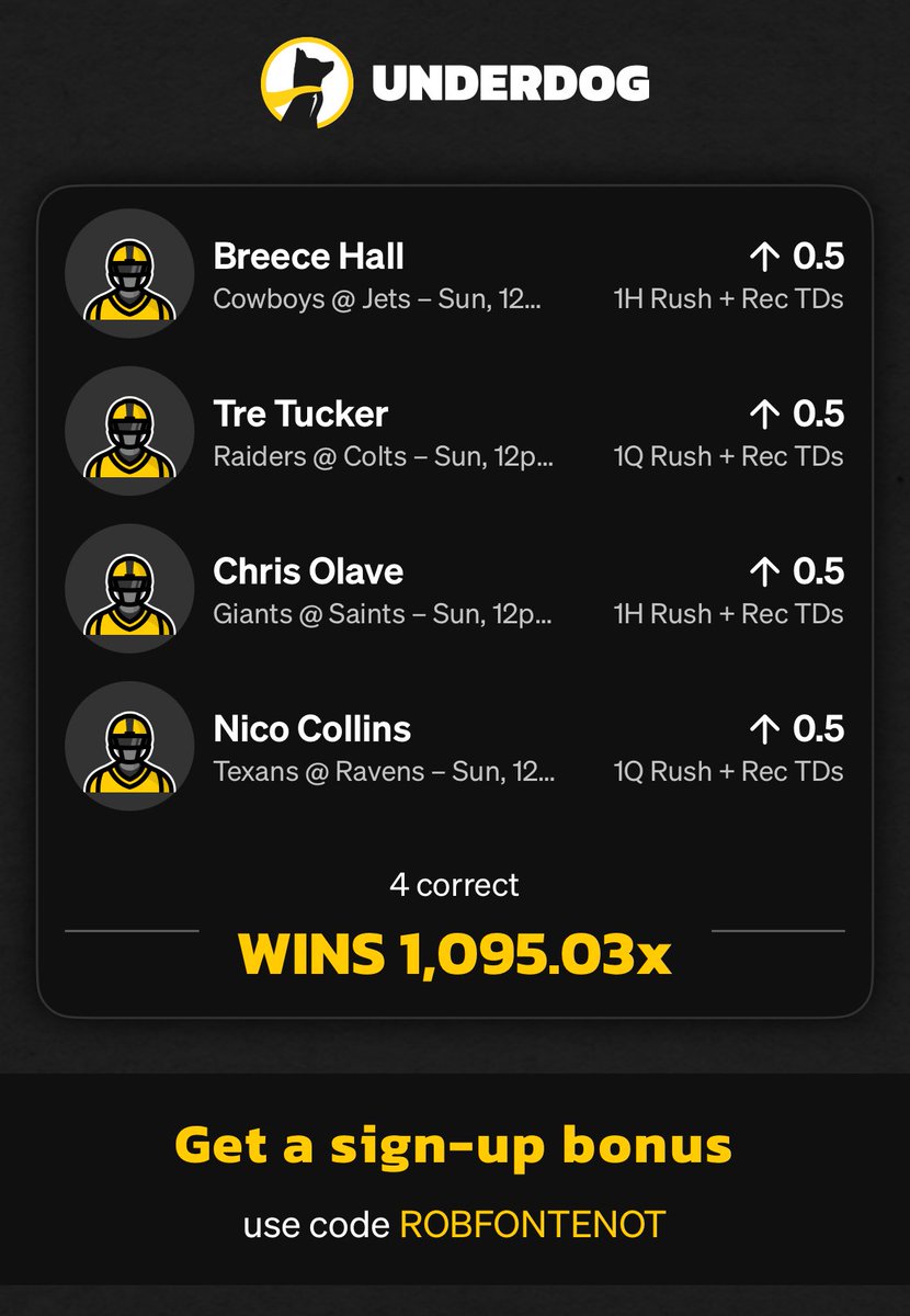RobFontenot's tweet image. play.underdogfantasy.com/es-GV7hLwI6lb Low Risk / High Reward Pick for this Sunday !!