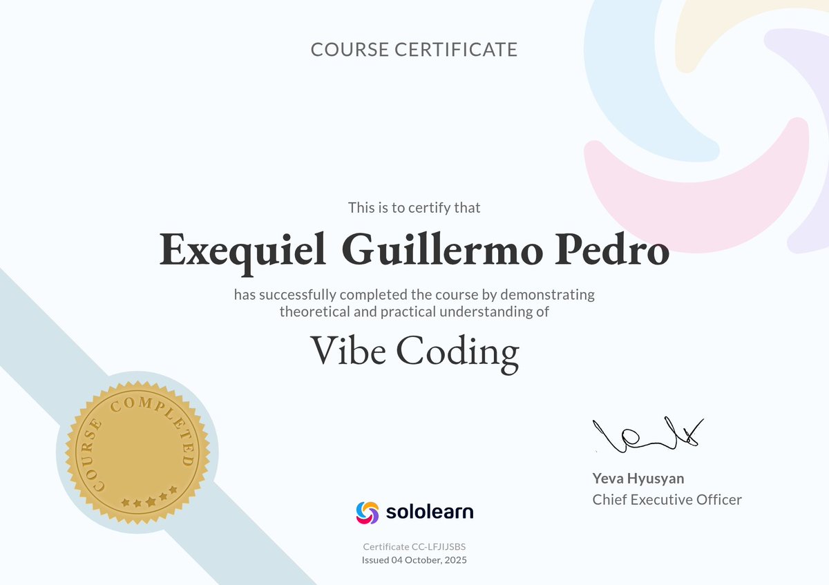 ExequielPedro1's tweet image. International professional certification in Vibe Coding successfully earned. 🏆🥇
#Sololearn
#AI
#webdevelopment
#webdesign