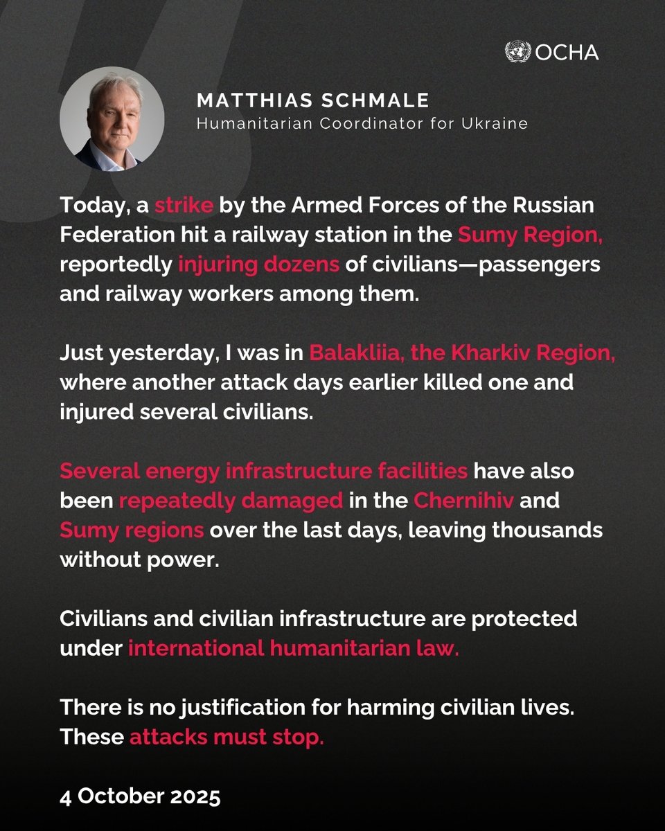 A railway station in #Ukraine's #Sumy Region came under attack, injuring many civilians.

Humanitarian Coordinator <a href="/matzschmale/">Matthias Schmale</a>
condemned this latest strike in a recent wave of attacks—just as winter approaches. 

Civilians and civilian infrastructure are #NotATarget.