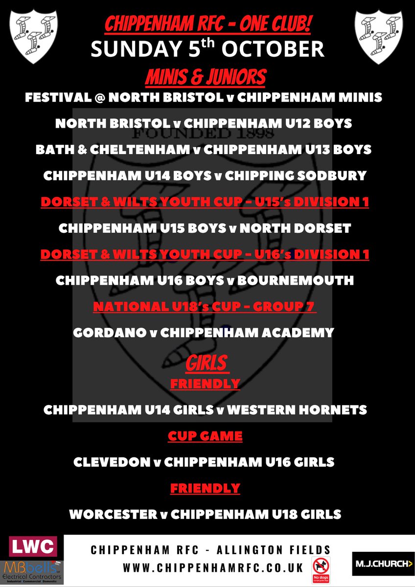 ChippenhamRFC's tweet image. ‼️This weekend ‼️

Good luck to everyone playing this weekend - you all make the club proud 🍟🤍🖤 

#OneClub #MATCHDAY