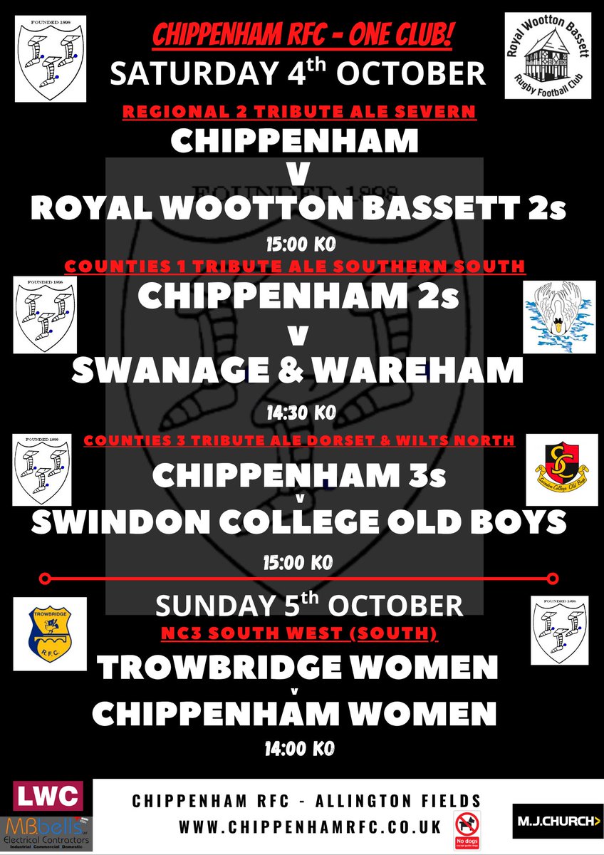 ChippenhamRFC's tweet image. ‼️This weekend ‼️

Good luck to everyone playing this weekend - you all make the club proud 🍟🤍🖤 

#OneClub #MATCHDAY