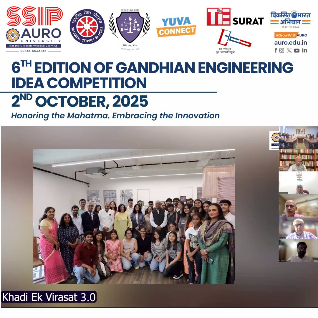 On the 156th #GandhiJayanti, AURO University celebrated truth, simplicity &amp; service through the Gandhian Engineering Idea Competition 2025 🌿💡

Inspired by Dr. R. A. Mashelkar’s vision of “More from Less for More (MLM),” young innovators showcased impactful ideas for society.